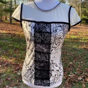 ANAC KIMI TOP BLACK WHITE FLORAL LACE STRETCH PRINT CREW NECK CAP SLEEVE Size S